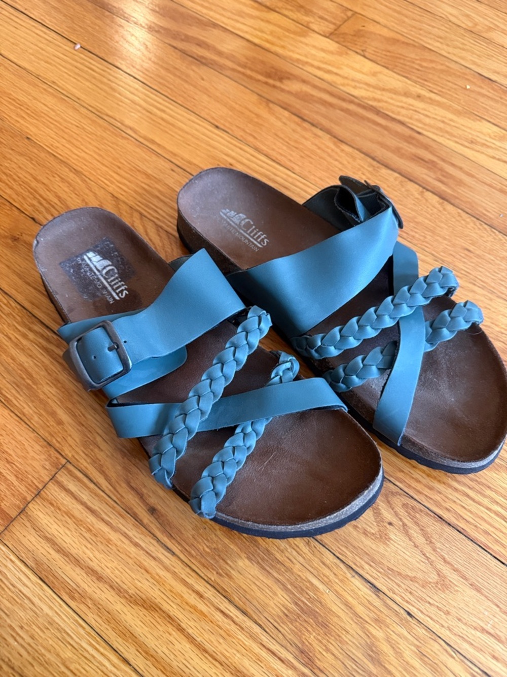 Cliffs by WHITE MOUNTAIN Teal Braided Buckle Slide Sandals